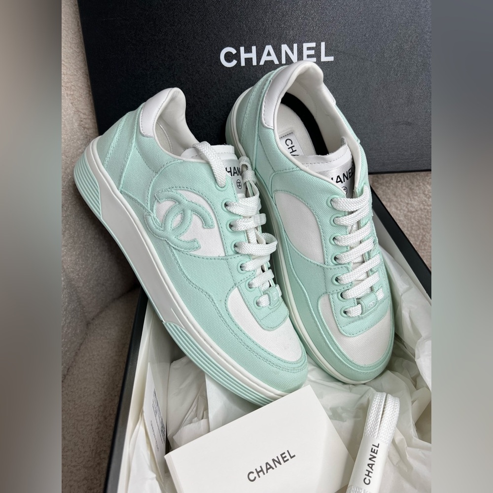 CHANEL Light Turquoise Sneakers 38.5 — New in Box